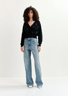 Blue eyelet-embellished jeans | Essentiel Antwerp United States Embellished Jeans, V Neck Cardigan, Denim Design, Sweater And Shorts, Black Sequins, Blue Fabric, Wool Coat, Sweater Jacket, T Shirt Dress