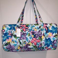 Vera Bradley Large Duffel In Marian Floral Pattern 22" L X 11"H X 11"D 15" Strap Drop. Great Carry-On Or Weekend Travel Bag With 2 Long Shoulder Handles Easy-Access End Pocket And Spacious Interior. Quilted Cotton Exterior, Lined In Durable Wipe Clean Solid Vb Signature Fabric. New With Tags And Original Packaging Rectangular Purple Duffle Bag, Rectangular Purple Travel Bag For On-the-go, Blue Weekend Bag With Adjustable Strap, Rectangular Purple Duffle Bag For Everyday Use, Spring Travel Bag In Purple, Purple Bags For Spring Travel, Spring Travel Purple Bag, Blue Rectangular Travel Bag For Weekend, Purple Rectangular Duffle Bag For Daily Use