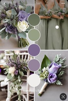 the bridesmaid's bouquets are arranged in shades of purple and green