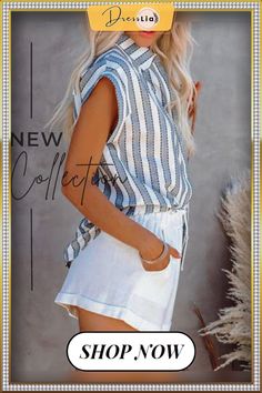 Button Down Collar Cap Sleeve Blouse Shirt Summer Button-up Tops With Button Closure, Casual White Blouse With Buttons, Casual Buttoned Tops For Beach, Casual Button-up Blouse With Back Button Closure, Casual Short Sleeve Blouse With Back Button Closure, Striped Summer Shirt With Buttons, Casual Button-up Summer Blouse, Casual Summer Button-up Blouse, Casual Relaxed Fit Tops With Back Button Closure