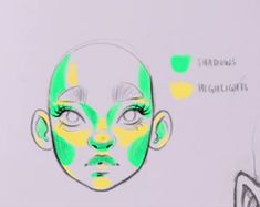 a drawing of a child's face with green and yellow highlights