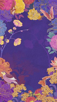 a painting of flowers and birds on a purple background