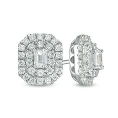 Whether dressed up or down, these fashion stud earrings are a beautiful choice. Crafted in 14K white gold, this sophisticated design features a 1/5 ct. certified emerald-cut lab-created diamond - sparkling with a color rank of F and clarity SI2 - wrapped in an octagonal double frame of created diamonds. Captivating with 1 ct. t.w. of created diamonds and a brilliant buffed luster, these post earrings secure comfortably with friction backs. This style arrives with a certificate that includes a ph Diamond White Cluster Jewelry With Baguette Diamonds, Emerald Cut Diamond Accented Formal Earrings, Emerald Cut Diamond Accent Earrings For Formal Events, Radiant Cut Diamond White Jewelry With Halo Design, Formal Fine Jewelry Emerald Cut Diamond Earrings, White Emerald Cut Halo Jewelry, Formal Emerald Cut Diamond Earrings, Formal Emerald-cut Diamond Earrings, Diamond White Emerald Cut Halo Jewelry