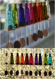 several different colored bottles hanging from chains