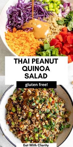 thai quinoa salad in a white bowl with text overlay that reads, thai peanut quinoa salad gluten free