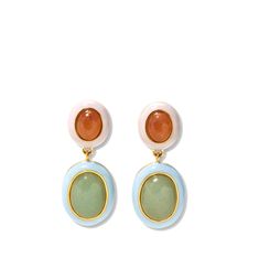 These colorful and playfully elegant drop earrings are ripe for the picking! In gold-plated brass and enamel linked ovals, with peach and green aventurine stone inlay. Gold-plated brass, enamel, aventurine Sterling silver posts Drop: 1.5“ Green Aventurine Stone, Lizzie Fortunato, Peach And Green, Jewelry Lookbook, Jewelry Inspo, Green Aventurine, Chain Pendants, Papaya, Cute Jewelry