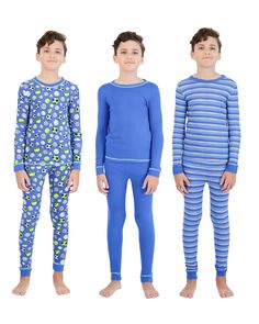 PRICES MAY VARY. JUST PAJAMAS: Comfortable, soft and stretchy snug fit boy’s pajama sets Include 3 long-sleeve crew neck sleep shirts and 3 coordinating pajama pants. AWESOME KIDS DESIGNS: These sleepwear sets for boys feature a range of super cool artwork and designs sure to impress Kids everywhere. Available in multiple colors, sizes and themes including Green Dinosaurs, Gaming and Sports. Finding the right boys pjs for his unique personality and interests is always easy. COMFORTABLE SLEEPWEAR Blue Crew Neck Sets For Sleepover, Blue Stretch Long Sleeve Sleepwear, Blue Long Sleeve Stretch Sleepwear, Blue Stretch Sleepwear Sets, Stretch Long Pants Sets For Sleepover, Sleepover Sets With Stretch And Long Pants, Stretch Sets With Long Pants For Sleepover, Blue Crew Neck Pajama Set For Pajama Party, Blue Crew Neck Pajama Party Set