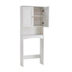 a white cabinet with doors and drawers on the bottom shelf is open to show it's contents