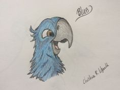 a drawing of a blue bird with the words blue on it's face and its beak