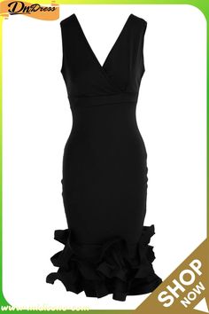 Black Fashion Sexy Solid Split Joint V Neck Evening Dress Glamorous Black V-neck Bodycon Dress, Elegant Club Bodycon Dress With Ruffles, Elegant Bodycon Dress With Ruffles For Club, V-neck Ruffle Bodycon Dress For Night Out, V-neck Ruffled Bodycon Dress For Night Out, Elegant Ruffled Bodycon Dress For Club, Flirty Black V-neck Bodycon Dress, V-neck Ruffled Bodycon Evening Dress, Glamorous Black V-neck Midi Dress