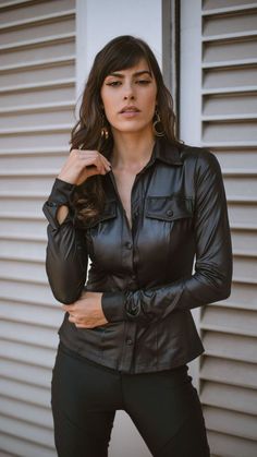 Fitted Long Sleeve Leather Top, Fall Long Sleeve Leather Shirt, Fitted Leather Long Sleeve Tops, Fitted Leather Button-up Top, Leather Long Sleeve Shirt For Fall, Black Leather Button-up Top, Fitted Leather Top Casual Style, Fitted Leather Casual Top, Casual Leather Shirt For Fall