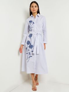 Discover the quality craftsmanship and comfort of Misook's Midi A-Line Shirtdress - Embroidered Cotton Blend in Mazarine/White. All of our designer knitwear and wovens come with complimentary shipping and returns. Feminine Cotton Midi Dress With Floral Embroidery, Chic Embroidered Dress For Formal Occasions, Chic Embroidered Formal Dresses, Elegant Cotton Workwear Dresses, Elegant Cotton Dress For Work, Chic Formal Dress With Floral Embroidery, Spring Cotton Embroidered Midi Dress, Spring Embroidered Cotton Midi Dress, Spring Cotton Midi Dress With Floral Embroidery