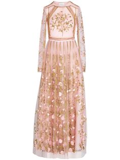 pink/gold/white tulle overlay floral embroidery crew neck side zip fastening long sleeves fitted waistline full skirt floor-length Embroidered Tulle Dress, Embroidered Tulle, White Tulle, Giambattista Valli, Tulle Dress, Full Skirt, Pink Gold, Floral Embroidery, Dress Making