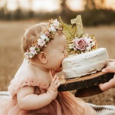 a baby girl in a pink dress holding a cake