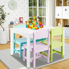 a child's table and chairs in a playroom with toys on the floor