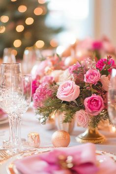 25+ Christmas Decor Ideas Color Pink for a Unique Holiday Pink Christmas Table Decorations Centerpiece, Pink Poinsettia Centerpiece, Pink Winter Party, Pink Christmas Room Decor, Christmas Room Decor Ideas Bedrooms, Pink Christmas Decorations Diy, Pink Christmas Room, Pink Christmas Wedding, Pink Christmas Table