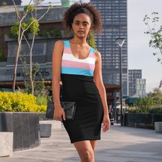 Looking for trans pride outfit ideas? Show off your trans pride in this striped transgender flag dress. This fitted bodycon dress is super comfortable and fits in all the right places. A great festival outfit idea for pride parade day, music festivals and as summer outfit. See more here...    #ontrendshirts #transpride #transflag #dresses #festivalfashion #lgbtq+ #rainbowpride #stripes #prideclothes Trendy Black Bodycon Dress For Summer, Black Bodycon Tank Top For Summer, Trendy Black Bodycon Summer Dress, Black Bodycon Tank Top For Spring, Black Knee-length Bodycon Summer Dress, Trendy Black Sleeveless Dress, Black Mini Tank Top For Summer, Black Bodycon Sleeveless Dress For Summer, Trans Pride Outfit