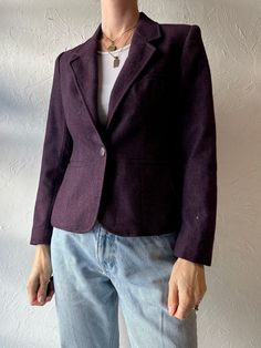 - Vintage Evan Picone purple blazer jacket - Wool polyester blend shell with silky lining - Padded shoulders - Union made in the USA - Small  Chest: 17.5" Waist: 16" Length: 26" Sleeve: 21.5" We are not responsible for lost, stolen, or damaged packages once they have been shipped. Any additional customs duties or taxes incurred on international orders are the responsibility of the buyer. Please note that our items are vintage and may have minor flaws or imperfections due to their age, which adds Purple Blazer, Purple Knit, Knit Blazer, Union Made, Small Chest, Blazer Jacket, Violet, Bathing Beauties, Jackets & Coats