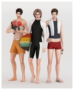 three men standing next to each other in swimsuits