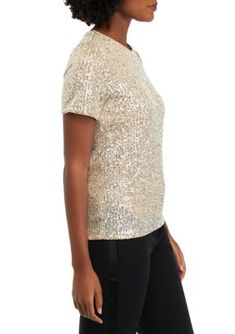 Shining with a radiant allure, this stunning top from THE LIMITED is embellished with sparkling sequin details. | THE LIMITED Women's Sequin Top, Champagne, Small Embellished T-shirt For Night Out, Elegant Fitted Sparkling Top, Glamorous Holiday Tops With Contrast Sequin, Glamorous Contrast Sequin Tops For Holidays, Chic Glitter Tops For Festive Occasions, Elegant Holiday Tops With Glitter, Sparkling Tops For Party Season, Chic Glitter Top For Festive Occasions, Contrast Sequin Crew Neck Top For Party