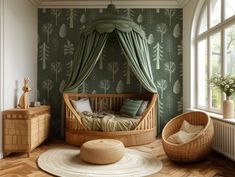 a bedroom with green wallpaper and a canopy bed in the corner, surrounded by wicker furniture