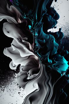 an abstract black and white painting with blue, purple, and green colors on it