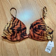 Nwt Shade And Shore Branded Bikini Top, Size 34d. Has Underwire, Adjustable Straps And Ties At Back For A More Custom Fit. Removable Bra Insert Cups. Tiger Pattern Print. 33 B263 Summer Stretch Push-up Swimwear, Orange Swimwear With Built-in Bra For Summer, Seamless Push-up Swimwear For Summer, Orange Seamless Swimwear For The Beach, Orange Seamless Swimwear For Beach, Orange Underwire Swimwear For Beachwear, Orange Underwire Beachwear Swimwear, Seamless Orange Beach Swimwear, Fitted Push-up Bra For Beach