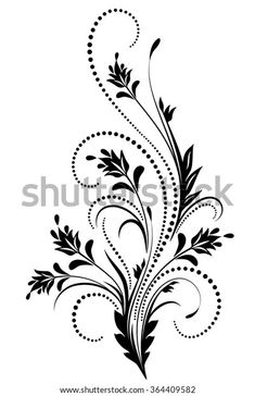 a black and white floral design with swirls on the side, in an ornate manner