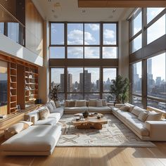 a living room filled with lots of furniture and large windows overlooking the cityscape