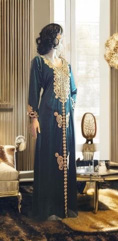 This is a beautiful velvet kaftan decorated with golden sfifa, embroidery and shiny stones. It is a stretchy fabric and can fit different sizes and curvy silhouettes as well and still look gorgeous! Velvet Kaftan, Moroccan Party, Dress Clothes For Women, Stretchy Fabric, Evening Dress, Evening Dresses, Dress Outfits, Velvet, Womens Dresses