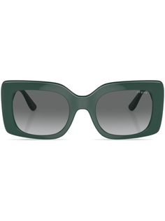 dark green acetate gradient lenses rectangle frame logo print at the arm straight arms curved tips These glasses come with a protective case. Green Rectangular Sunglasses With Tinted Lenses, Green Rectangular Tinted Sunglasses, Green Rectangular Sunglasses With Mirrored Lenses, Luxury Green Wayfarer Sunglasses, Elegant Green Sunglasses With Uv Protection, Luxury Green Polarized Sunglasses, Trendy Green Square Frame Sunglasses, Elegant Green Rectangular Sunglasses, Elegant Green Polarized Sunglasses