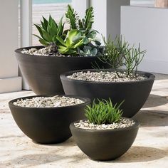 three black planters with plants in them sitting on a table next to the ocean