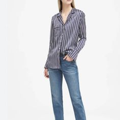 Nwt Banana Republic Navy Stripe Long Sleeve Pajama-Style Shirt Petites Size Medium It & Sizing Hits At The Low Hip. Women's Fit Guide Dillon-Fit: Our Easy-Fit Shirt. Skims Your Shape For A Relaxed, Put-Together Silhouette. Long Sleeves. Product Details Soft, Silky And Oh-So-Now, This Chic Pajama-Style Shirt Works Well With Both Pants And Jeans. Rounded Notch Lapel. Chest Pocket. Long Sleeves With Button Cuffs. Piping At The Collar, Chest Pocket, Cuffs And Back. Shirttail Hem. #887053 Fabric & Care 100% Polyester. Machine Wash Or Dry Clean. Price Is Firm Unless Bundled! Bundle And Save 15% Off On 2+ Items. Pajama Style, Stripe Long Sleeve, Long Sleeve Pyjamas, Navy Stripes, Striped Long Sleeve, Chest Pocket, Blue Gray, Fabric Care, Workout Shirts