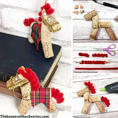 the cork dog is made from wine corks and has been decorated with red pom - poms