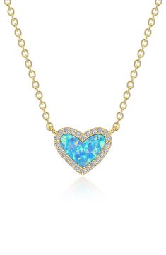 Bring a little sparkle and lustrous romance to any ensemble with this simulated opal heart pendant necklace traced in pavé simulated diamonds. 20" length; 3/8" pendant drop Sterling silver/18k-gold plate/simulated opal/simulated diamond Imported >Diamond Guide Elegant Sapphire Necklaces For Valentine's Day, Elegant Blue Heart Necklace, Formal Sapphire Heart Necklace, Elegant Blue Heart Necklace With Birthstone, Elegant Blue Necklaces For Valentine's Day, Elegant Blue Birthstone Heart Necklace, Elegant Blue Heart Necklace For Valentine's Day, Blue Heart Pendant Necklace With Diamond Accents, Fine Jewelry Blue Heart Necklace