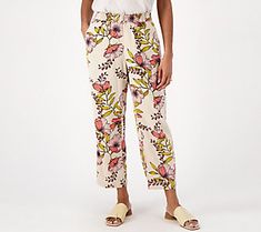 A fun alternative to solid slacks, these linen-blend crops feature a stand-out print. From Susan Graver. Summer Vacation Capris With Elastic Waistband, Casual Relaxed Fit Capris For Vacation, Summer Vacation Tapered Leg Pants, Summer Vacation Tapered Leg Bottoms, Casual Floral Print Pants For Spring, Spring Vacation Pants, Relaxed Fit Straight Leg Summer Capris, Summer Straight Leg Relaxed Fit Capris, Spring Linen Capris With Pockets