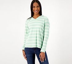 Reach for this striped hoodie when you need a lightweight layer to battle those by-the-beach breezes. From Denim & Co.® Fashions. Casual Striped Hooded Top, Seersucker Top, Curved Hem Top, Button Up Shirt Womens, Striped Pullover, Hoodie Green, Embroidered Tee, Striped Hoodie, Women Tunic Tops