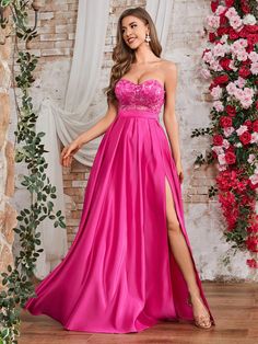 Pink  Collar Sem Mangas Tecido Simples Em A Embellished Não elástico Formal Evening Dress, Sequin Appliques, Pink Collar, Pink Collars, Strapless Maxi Dress, Evening Dress, Wedding Events, Woven Fabric, Strapless Dress