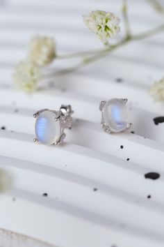 Moonstone information: Natural moonstone is produced in India and appears translucent white in natural light and blue-violet in other light. Totally unique, small inclusions (minerals trapped inside the gems) ensure 100% authenticity. Because it is a natural stone, the crystallization, texture, and color of each moonstone will differ slightly, providing you with a 100% unique piece of jewelry. Includes: A matching box. Style: Modern Material: 925 sterling silver, Platinum-plated, 18K rose gold-p Bleu Violet, Sterling Silver Stud Earrings, Luz Natural, Silver Stud Earrings, Delicate Earrings, Girls Jewelry, Rose Gold Earrings, Sterling Silver Studs, Sterling Silver Earrings Studs