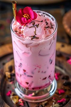 a pink drink sitting on top of a wooden table