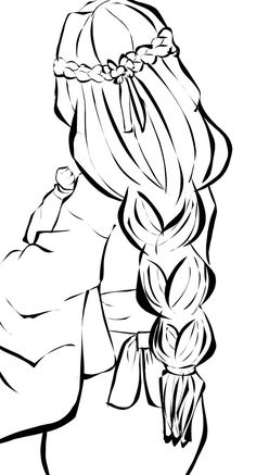 a black and white drawing of a girl with her hair in a ponytail, wearing a dress