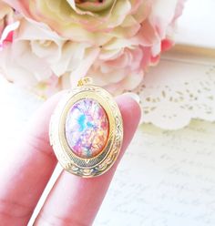 Pink Fire Opal Locket Necklace  Gold Locket  by NestingPretty Pink Opal Jewelry Gift, Oval Pink Opal Jewelry Gift, Opal Locket Necklace, Iridescent Opal Necklaces For Gift, Opal Locket, Pink Opal Necklace For Gift, Pink Fire, Enchanted Jewelry, Gold Locket Necklace