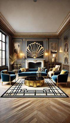 an elegant living room with blue couches and gold accents on the walls, along with wooden flooring