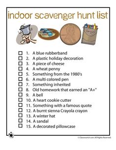 a printable poster with the words indoor scavenger hunt list