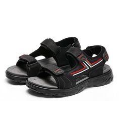 Men's Leather Double Strap Black Sandals Outdoor Casual Sandles Lightweight Black Round Toe Sport Sandals For Vacation, Leather Sport Sandals For Summer Outdoor Activities, Leather Sandals For Summer Outdoor Activities, Leather Sandals For Outdoor Summer Activities, Black Open Toe Sandals For Outdoor, Summer Leather Sandals For Outdoor Activities, Black Closed Toe Sport Sandals For Beach, Outdoor Black Leather Sandals, Black Leather Sandals For Outdoor