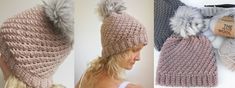 three pictures of hats with pom poms on them and one has a label that says the wool