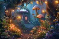 an image of a fantasy forest scene with mushrooms and lights in the trees at night