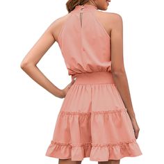 Pink Sleeveless Layered Ruffled Halter Midi Dress Solid Color Summer Sleeveless Dress With Ruffles, Summer Sundress With Ruffles And Halter Neck, Summer Halter Dress With Ruffles, Sleeveless Summer Mini Dress With Ruffle Hem, Summer Sleeveless Mini Dress With Ruffles, Ruffled Mini Sundress Sleeveless, Halter Neck Ruffled Sundress, Feminine Sleeveless Ruched Ruffle Dress, Solid Ruffled Mini Sundress