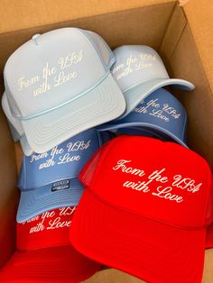 From the USA with love! The perfect hat to rock all summer long! Vintage Snapback Hat For Beach In Summer, Vintage Snapback Hat For Summer Beach, Vintage Trucker Hat For Summer Beach, Vintage Trucker Hat With Curved Brim For Summer, Vintage Baseball Cap For Beach In Summer, Beach Trucker Snapback Hat With Short Brim, Summer Vacation Flat Bill Snapback Hat, Summer Flat Bill Snapback Hat One Size, Vintage Summer Snapback Hat With Short Brim