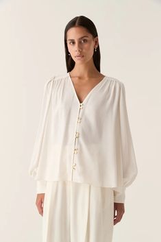 Paloma Blouse | Ivory | Aje – Aje ROW Co Ords Outfits, Blouson Top, Fitted Blouses, Denim Accessories, Gold Accent, Casual Style Outfits, Ivory Color, Style Outfits, Wrap Skirt